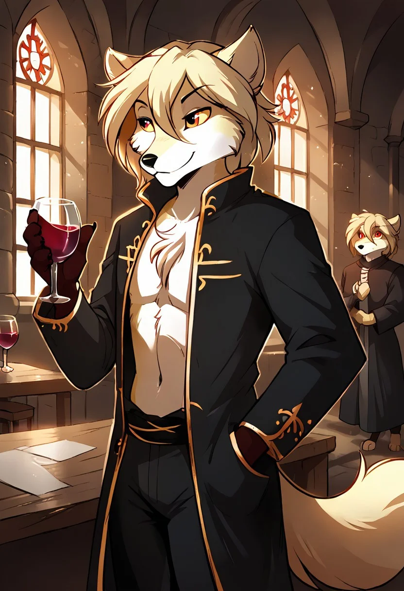 score_9, score_8_up, score_7_up,score_6_up,score_5_up, source_furry
BREAK
solo, furry male anthro, flat chest, (seductive), medieval red and black jacket with golden trim, (indoors, standing, palace), A glass of wine, a glass of wine in your hand
BREAK
<lora:Clovis-Twokinds-SDXL-AnonTK-V2:0.85>, clovis-twokinds, keidran, mammal, fox tail, red eyes, yellow sclera, <lora:p:0.35>