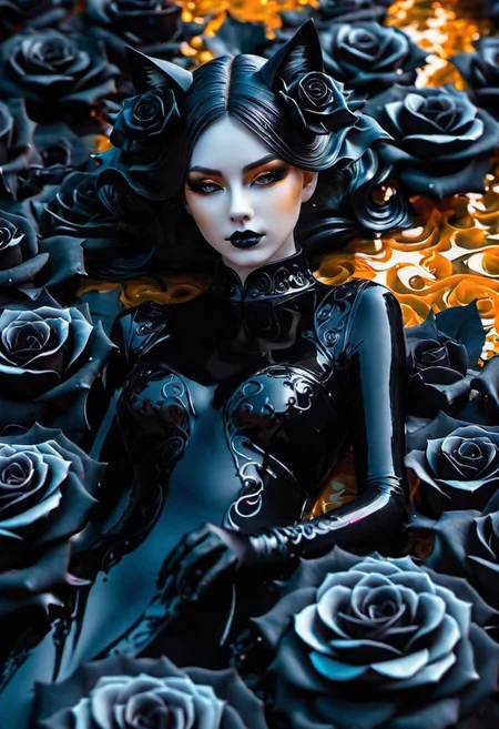  masterpiecedouble exposure image by HGHD, double exposure image, , Ultra detailed illustration of gothic fox woman wearing a shiny black dress, lying in a garden of ((black roses)) at sunset, ultra detailed faces, focus on faces, fantasy environment, anime style, ((overload merged with demon slayer)) bright colors, worked cores, high saturation,Heavy bokeh, caustic light effect, swirling ink
