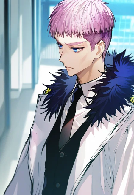 artist:gomzi,artist:wanke,artist:diyokama, rei_(sanbonzakura),[[artist:fuzichoco]],year 2023,
1boy, solo, 
jino lorenzi, pink hair, short hair, blue eyes, undercut,
white coat, white shirt, black vest, black necktie, fur trim, 
upper body, police station,
<lora:ntmf_majorcharacters.ilxl:1>