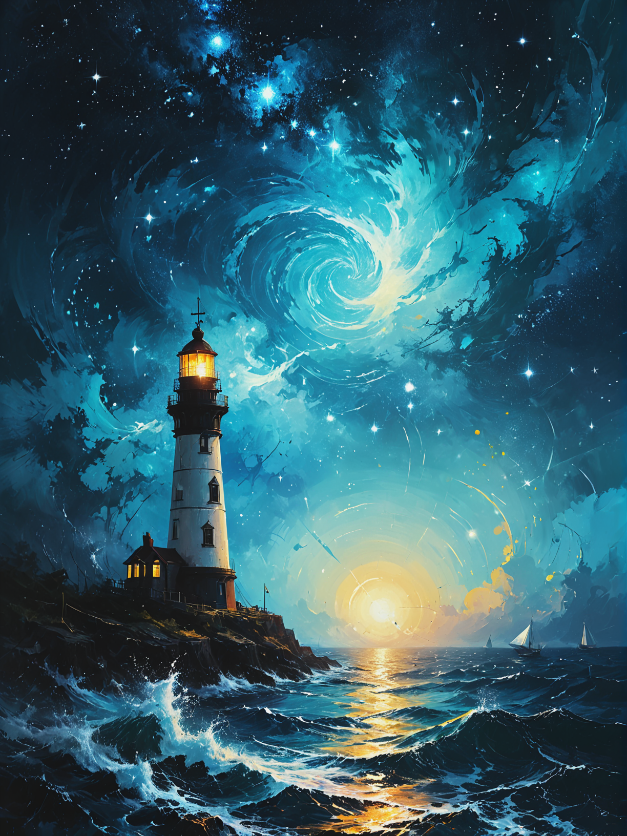 Lighthouse stars guide lost celestial sailors, ultra-fine digital painting, <lora:xl_more_art-full_v1:0.3>,  <lora:Desolation:0.6> <lora:gorgoeus_splash_of_vibrant_paint:0.7> Gorgeous splash of vibrant paint
