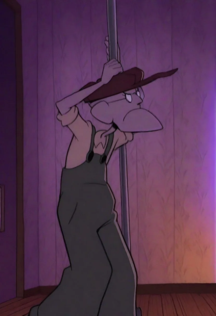 masterpiece, best quality, 1boy, solo, Eustace, Bagge, Green overalls, yellow shirt, hat, glasses, grumpy expression, walking, purple lighting, indoors, stripper pole, dancing