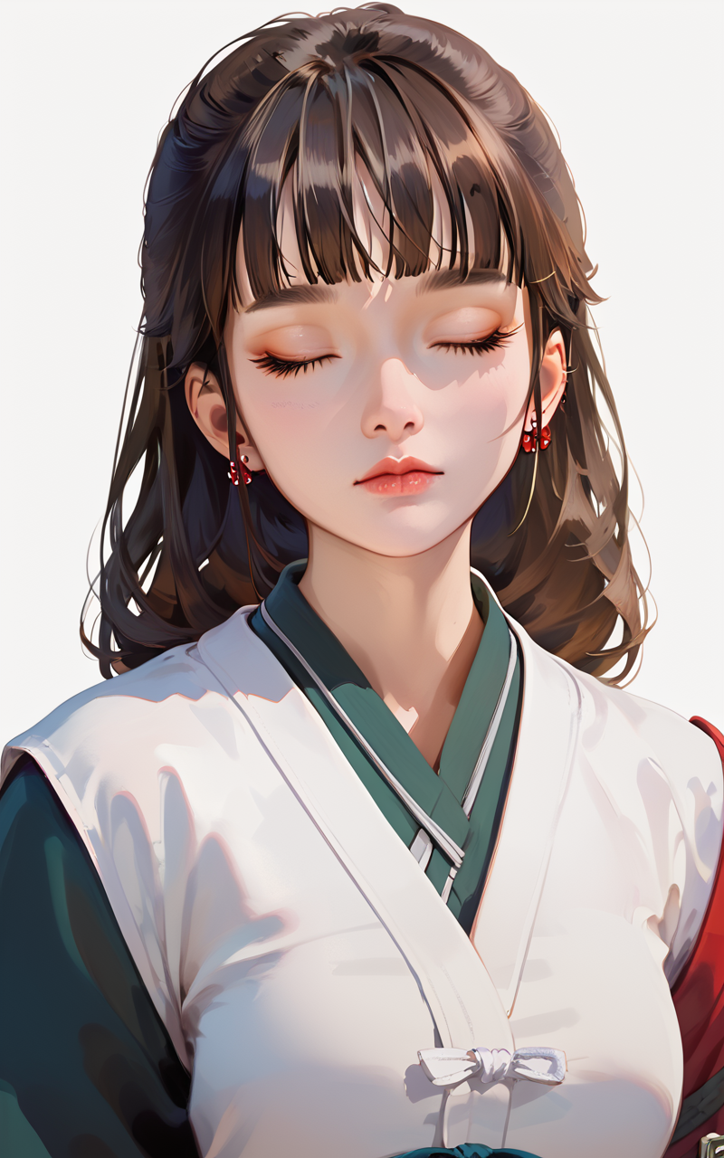 score_9,score_8_up,score_7_up,
<lora:ruanxiuPony-000002:1>,
ruanxiu,1girl,solo,closed eyes,japanese clothes,simple background,earrings,jewelry,bangs,kimono,upper body,closed mouth,black hair,eyelashes,realistic,brown hair,blunt bangs,lips,makeup,
<lora:v6:0.7>,