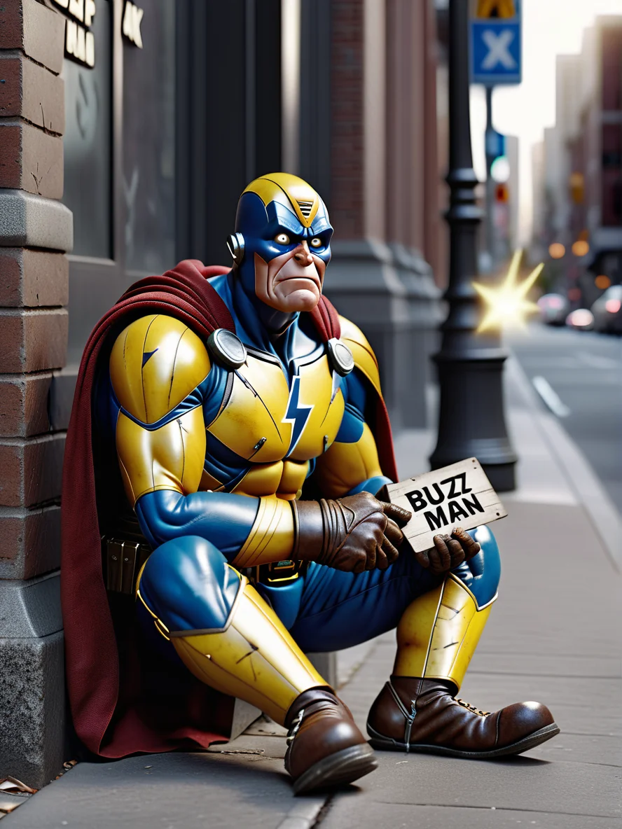 a poor old weak superhero, Buzz Man, sitting on the sidewalk like a beggar, his chest has a (lighting bolt)++ on it, he looks tired and worn out, he is holding a sign that says:"HALP BUZZ MAN", photography. f/8 photo, 8k, photorealistic, photorealism, ultra-detailed