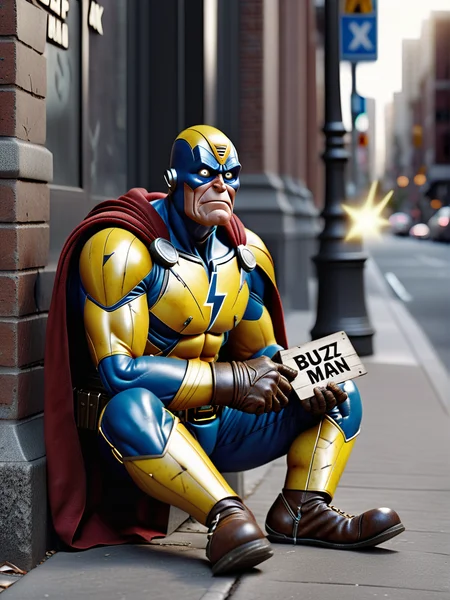 a poor old weak superhero, Buzz Man, sitting on the sidewalk like a beggar, his chest has a (lighting bolt)++ on it, he looks tired and worn out, he is holding a sign that says:"HALP BUZZ MAN", photography. f/8 photo, 8k, photorealistic, photorealism, ultra-detailed
