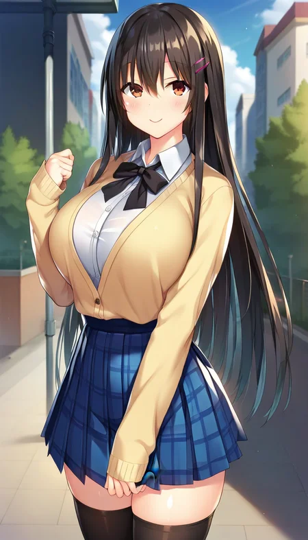 score_9,score_8_up,score_7_up,score_6_up BREAK official art,solo,outdoors,cowboy shot,looking at viewer,facing viewer,smile,blush,Yukimura Shiho,very long hair,black hair,shiny hair,straight hair,hair ornament,hairclip,sidelocks,hair between eyes,bangs,brown eyes,school uniform,yellow cardigan,black ribbon,white shirt,collared shirt,long sleeves,sleeves past wrists,large breasts,skindentation,miniskirt,blue skirt,pleated skirt,plaid skirt,thighs,zettai ryouiki,black thighhighs,loafers,brown footwear,<lora:Yukimura Shiho(tkis)-Pony:1.2>,