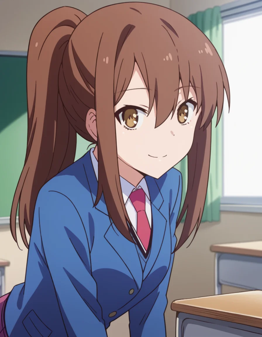 score_9, score_8_up, score_7_up, source_anime,
nanamiaoyama, <lora:nanami-aoyama-s1-ponyxl-lora-nochekaiser:1>,
nanami aoyama, long hair, bangs, brown hair, hair between eyes, brown eyes, ponytail, sidelocks,
skirt, school uniform, jacket, pleated skirt, necktie, blazer,
indoors, classroom, bent over, smile,
looking at viewer, cowboy shot, solo, dutch angle