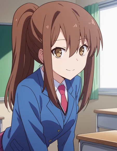 score_9, score_8_up, score_7_up, source_anime,
nanamiaoyama, <lora:nanami-aoyama-s1-ponyxl-lora-nochekaiser:1>,
nanami aoyama, long hair, bangs, brown hair, hair between eyes, brown eyes, ponytail, sidelocks,
skirt, school uniform, jacket, pleated skirt, necktie, blazer,
indoors, classroom, bent over, smile,
looking at viewer, cowboy shot, solo, dutch angle