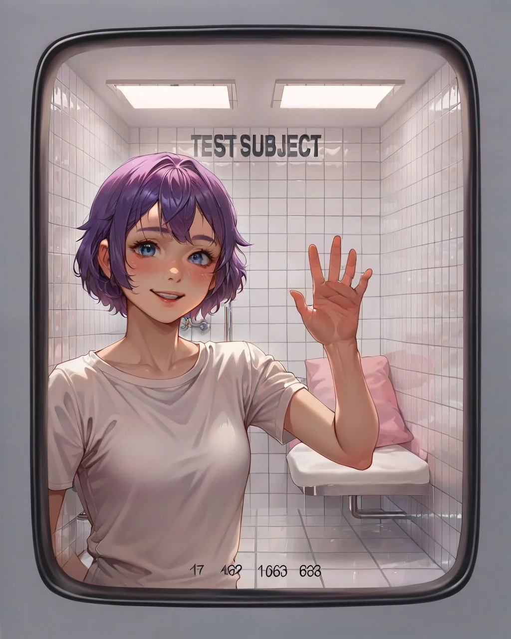 source_anime, 2d <lora:testchamberV2:0.8> testchamber, glass wall, clean, tiles, bathroom, a cute fuzzy creature with purple hair, close-up,, score_9, score_8_up, score_7_up, score_6_up, score_5_up, score_4_up, ponypositive,