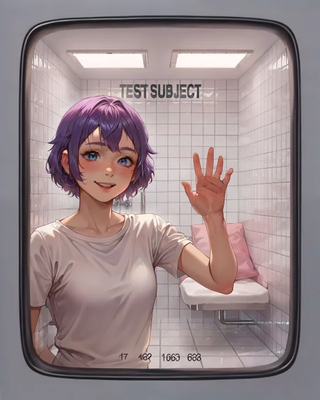 source_anime, 2d <lora:testchamberV2:0.8> testchamber, glass wall, clean, tiles, bathroom, a cute fuzzy creature with purple hair, close-up,, score_9, score_8_up, score_7_up, score_6_up, score_5_up, score_4_up, ponypositive,