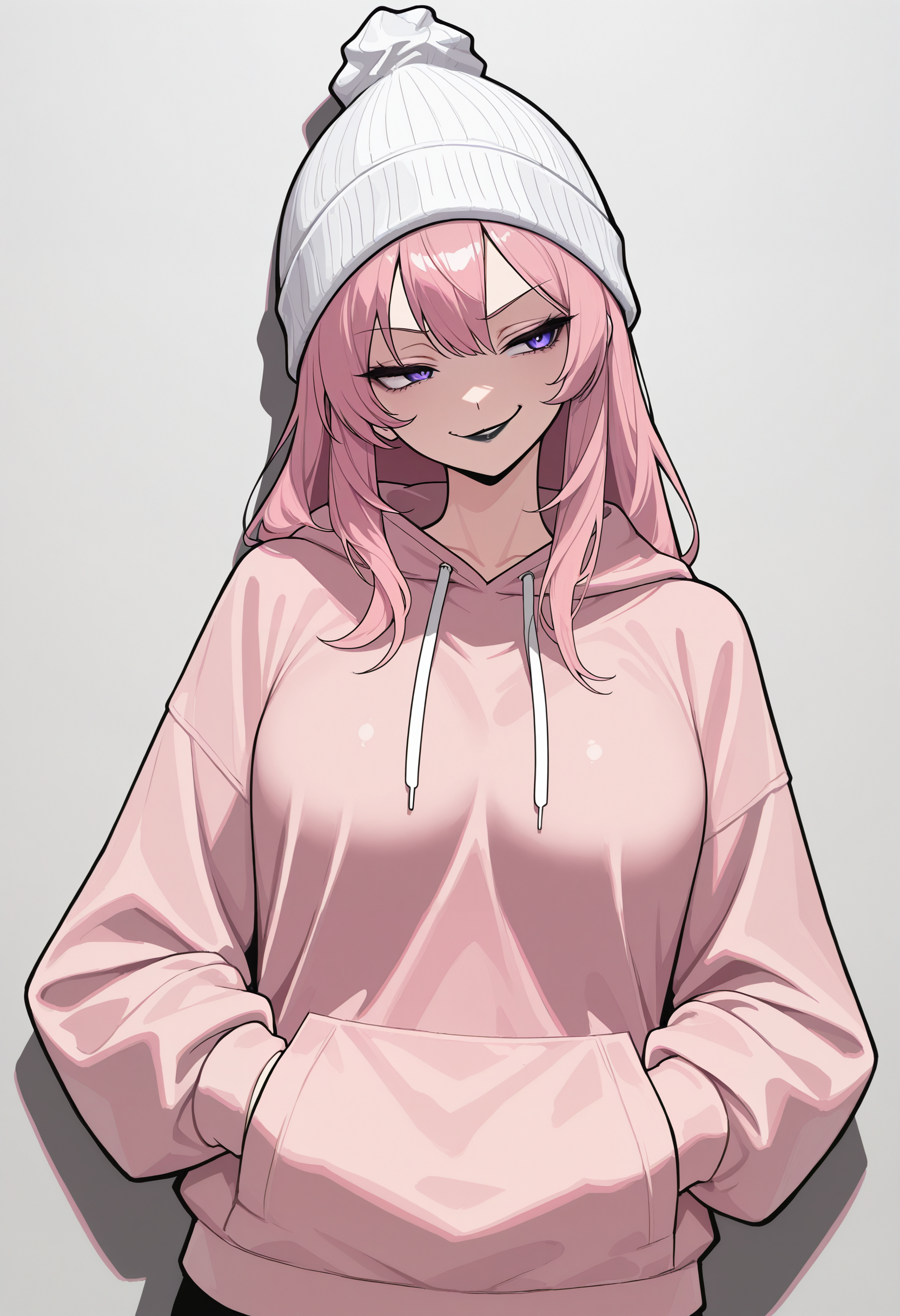 masterpiece, best quality, newest, absurdres, highres,
CivChan, pink hair, purple eyes, 
1girl, solo, confident, head tilt, hand in pocket, looking away, smirk, straight-on, beanie, black lipstick, <lora:CivChan:0.8>