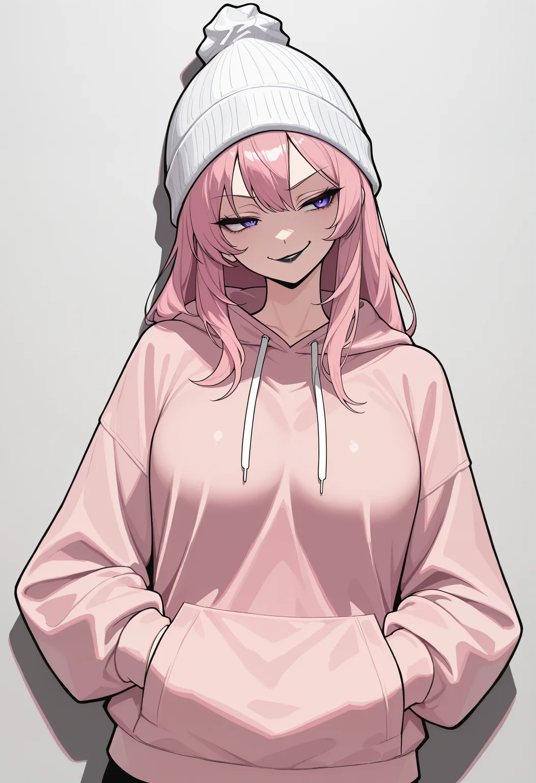 masterpiece, best quality, newest, absurdres, highres,
CivChan, pink hair, purple eyes,
1girl, solo, confident, head tilt, hand in pocket, looking away, smirk, straight-on, beanie, black lipstick, <lora:CivChan:0.8>
