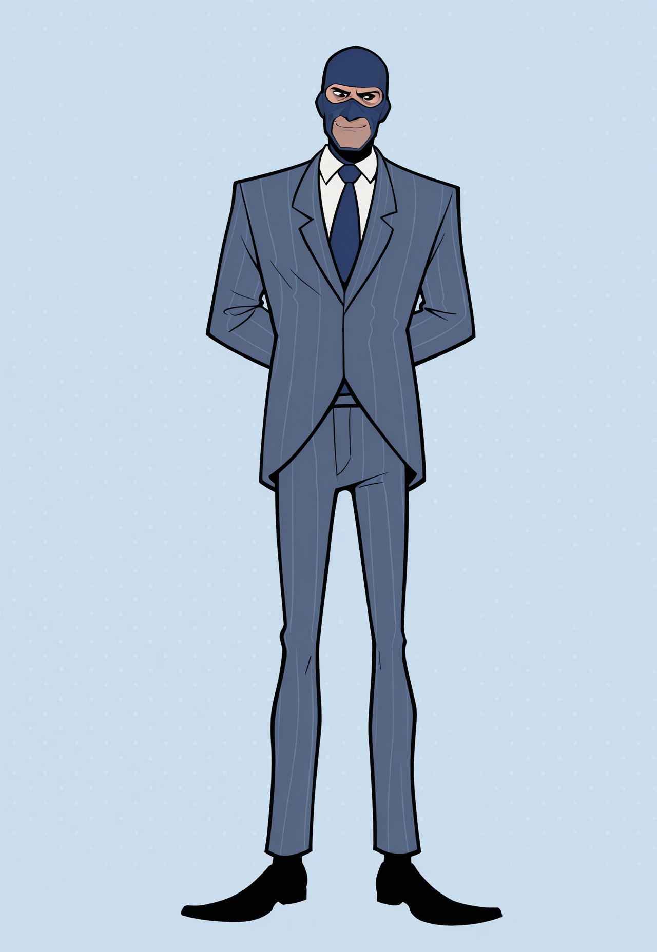 cartoony, black lineart, thick lineart, flat colors, stylized, sharp edges, masterpiece, best quality, detailed background, 8k, 1boy, solo, spy (tf2), mature man, black eyes, blue ski mask, white shirt, blue tie, pinstripe suit, blue suit, black gloves, pinstripe pants, blue pants, black shoes, smirk, light blue background, polka dot background, full body, turning to viewer, staring at viewer, hands behind back, cartoony proportions, skinny legs, pose