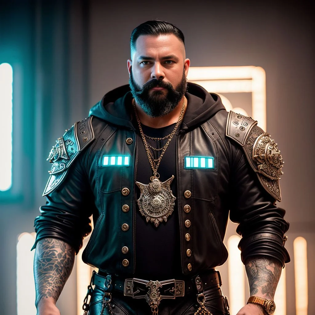 musclebears Detailed Ghotic Medieval portrait of cyberpunk style , futuristic (neon) reflective wear, sci-fi, robot parts, gold parts, machine face cinematic light ef 50mm, ((art by Greg Rutkowsky)), (studio ghibli), artgem, art, illustration, ((dark atmosphere)), ((vignette)), ((HDR)) ((black and grey)), soothing tones, muted colors, dim, calm colors, pastel colors highly details, intricate details