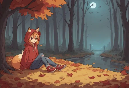 score_9, score_8_up, score_7_up, score_6_up, score_5_up, score_4_up, source_anime, BREAK, solo, 1girl, hair flower, animal ear fluff, fox ears, red flower, fox girl, (hoodie with hood, jeans), halloween atmosphere, (Autumn leaf fall, evil fog, evil night), (Puddles and leaves on the ground) (Forest) (dark, night:1.3) full body fox girl