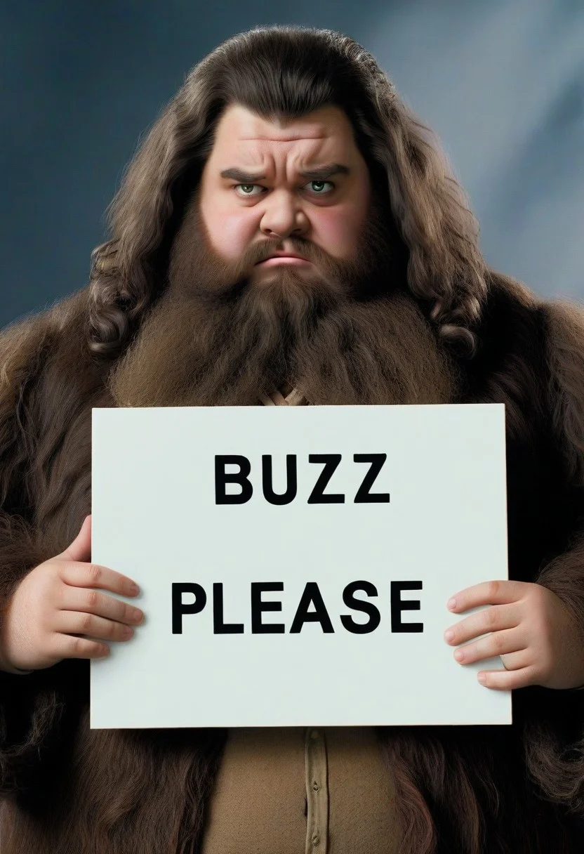 <lora:PE_HoldingSign:0.8> PEHoldingSign, sad face,
hagrid holding a sign that says "BUZZ PLEASE"