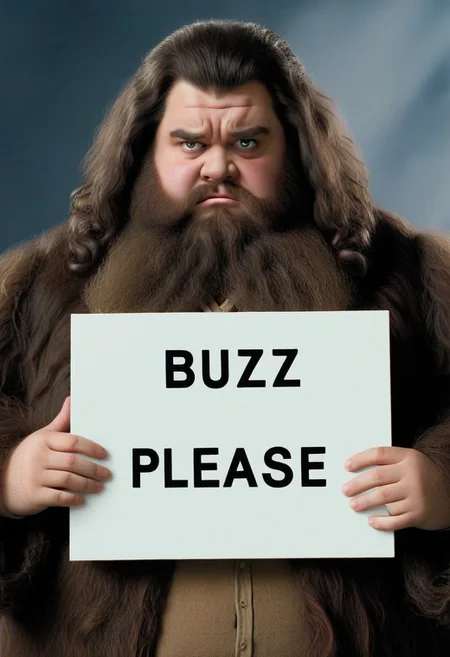 <lora:PE_HoldingSign:0.8> PEHoldingSign, sad face,
hagrid holding a sign that says "BUZZ PLEASE"
