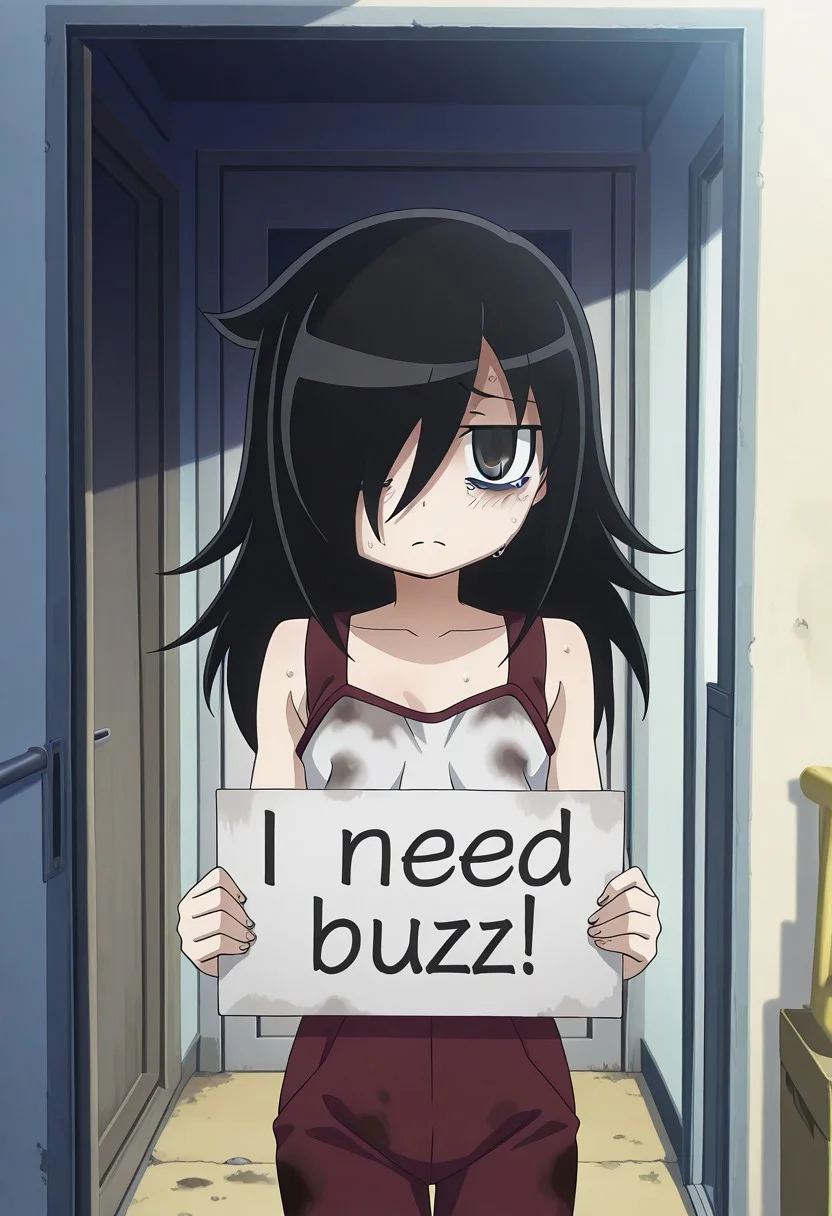detailed background, official style, anime coloring, (anime screencap) masterpiece, detailed face, 1girl,  <lora:Tomoko_Kuroki:0.8>, Tomoko, small breasts, black hair, long hair, bags under eyes, hair between eyes, hair over one eye, flat chest, petit body, skinny, oversized breast cup, sad, sad expression, tears, need_buzz, holding sign, looking at viewer, standing, sweating, dirty clothes, outdoors, pov, opening apartment door,