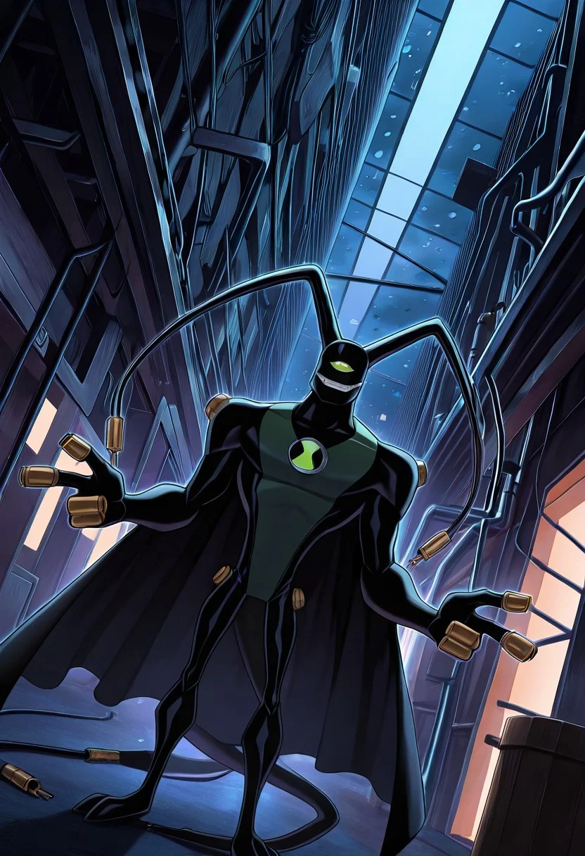 masterpiece, best quality, amazing quality, very aesthetic, absurdres, newest
feedback, solo, smile, , tail, 1boy, no humans, green eye, single eye, , digimon (creature), black skin, , alien, , , cables, ,
fedora, black cloak, from angle, taking down sunglasses, finger guns, factory, dark night, rainy night,