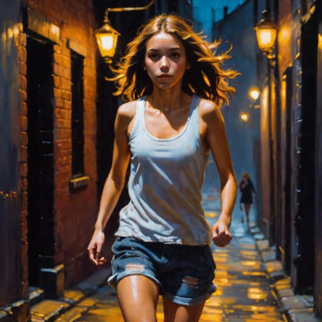 ((oil painting)), (((Full Shot))), 1girl, (front view), ((Candid shot of cute short nude American girl)), ((running alone in filthy English alleyway in bright moonlight)). (Distant dim orange lights), ((very embarrassed)), (((viewed from a moderate distance))), solo, ((candid)), ((large dark nipples)), (((pubic hair))), ((raised arms)), ((underarm hair)), (upturned-nose), (snub-nose), ((upturned pointed breasts)), (sneakers), Intricate textures, (high detailed skin:1.5),