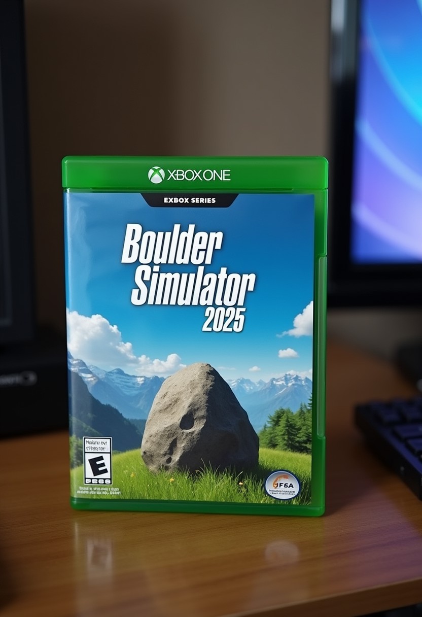 An Xbox Series game case for a game named "Boulder Simulator 2025" sitting on a TV stand. The box artwork has a boulder sitting in the grass on a mountain.