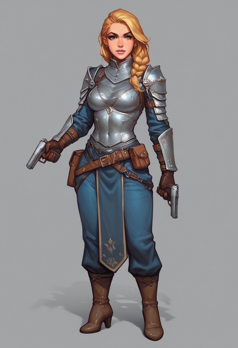 extremely detailed
((full-clothed armor)), ((long big pistol in hands, handgun in hands)), medieval style
BREAK 
strange world background score_9, score_8_up, score_7_up, score_6_up, source_cartoon, rating_explicit, Expressiveh, (((((full body))))), dynamic pose