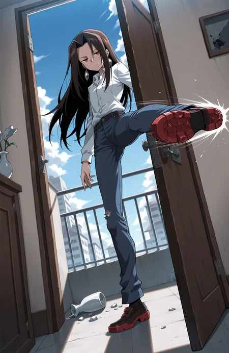 sk21_hao, solo, dress shirt, earrings, jeans, formal shoes,
dutch angle, wide shot, from below,
open door, kicking broken door, broken vase,
high kick, motion lines, 
jitome, pissed, closed mouth,
looking at viewer, red eyes,
best quality, masterpiece, highres,
<lora:[Char - IL] Shaman King - Asakura Hao (R1E12):1>
BREAK
indoors, hallway, open door, sky, aparment building, sky, railing,