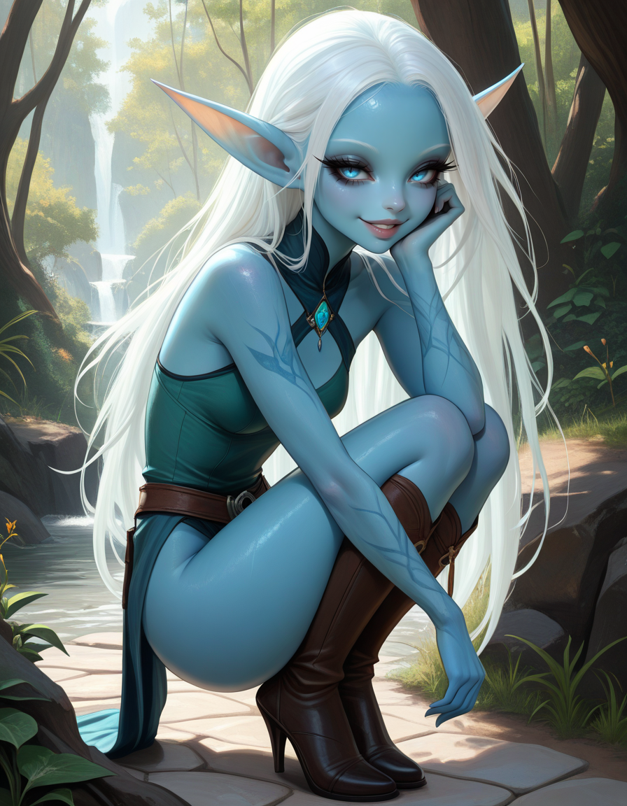 masterpiece, best quality, very aesthetic, absurdres,
outdoors, 
full body,  
seductive smile, parted lips, long eyelashes,
 <lora:Kiki_v01_NAIXL:1>,Kikimb,1girl,solo,elf,long hair,white hair,long pointy ears,blue eyes,colored skin,blue skin,