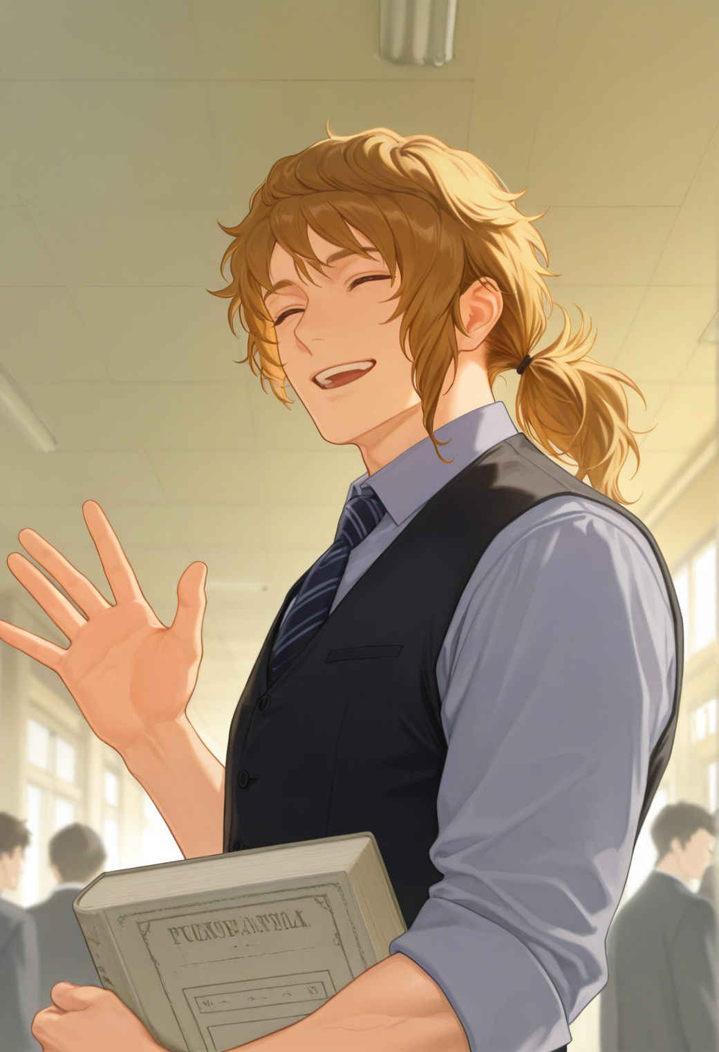 embedding:SmoothNoob_Quality,  1boy, mKjr0, brown_Kjr0_hair, purple_Kjr0_eyes, male focus, muscular male, from below, Kjr0_suit, ponytail, grey collared shirt, striped necktie, black vest, waving, school, hallway, ^_^, holding book, people, faceless,