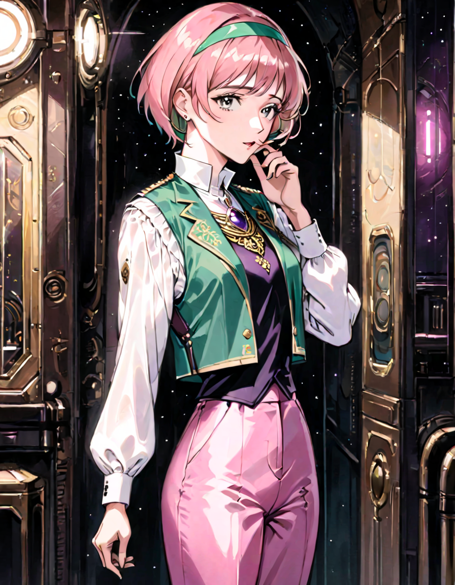 ((style of dieselpunk)),a woman,heikevahs,very short hair,mature female,standing,looking at viewer,headband,vest,jewelry,ornate clothes,white collared shirt,long sleeves,pink pants,in dark spacecraft interior,((stroking chin,hand on chin)),contemplative, <lora:VahsXL:0.9>