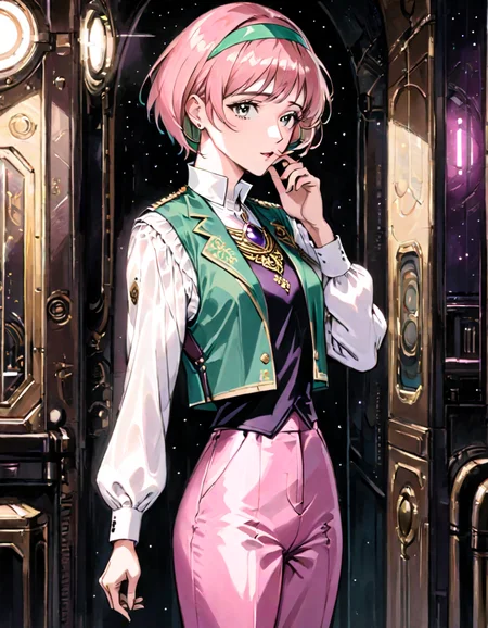 ((style of dieselpunk)),a woman,heikevahs,very short hair,mature female,standing,looking at viewer,headband,vest,jewelry,ornate clothes,white collared shirt,long sleeves,pink pants,in dark spacecraft interior,((stroking chin,hand on chin)),contemplative, <lora:VahsXL:0.9>