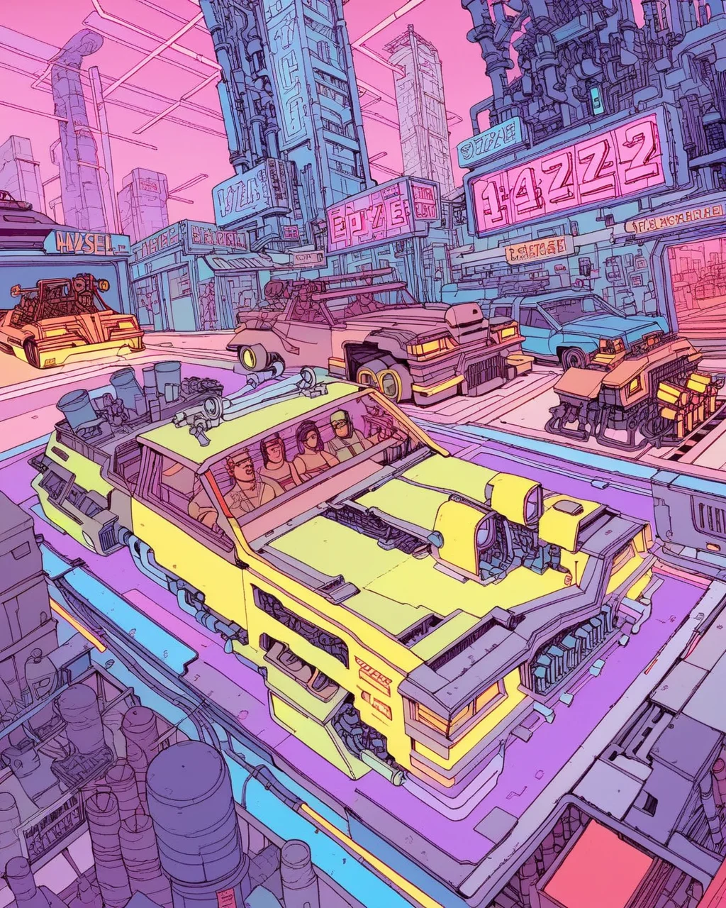 a drawing of a futuristic neon cityscape, hyper detailed background, hyper detailed illustration, hyper detailed scene, hyper detailed art, diesel punk, hyperdetailed illustration, juxtapoz aesthetic, cyberpunk car, detailed cyberpunk illustration <lora:deathburgerxl:1>