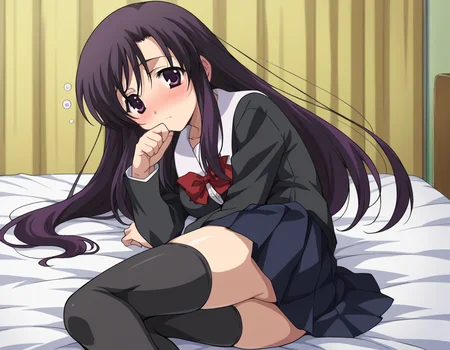 score_9, score_8_up, score_7_up, source_anime,
kotonohakatsura, <lora:kotonoha-katsura-ponyxl-lora-nochekaiser:1>,
kotonoha katsura, purple eyes, black hair, long hair,
black thighhighs, bow, red bow, school uniform, skirt, thighhighs, zettai ryouiki,
indoors, bed, bed room, on side, blush, drunk,
looking at viewer, cowboy shot,