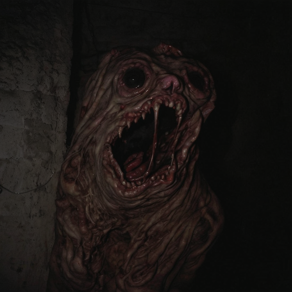 ab0m, dryer lint monster in unfinished basement, bloody, dark basement lit by camera flash, 35mm color analog photo