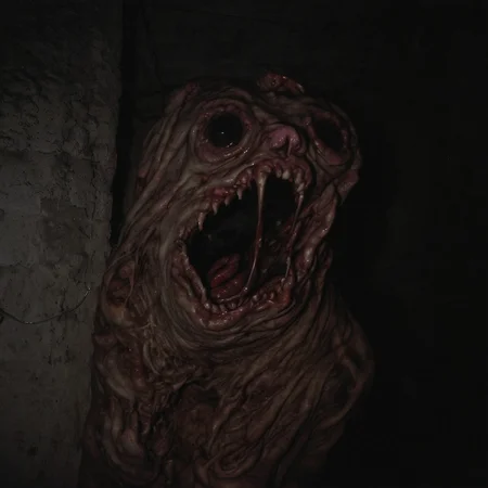 ab0m, dryer lint monster in unfinished basement, bloody, dark basement lit by camera flash, 35mm color analog photo