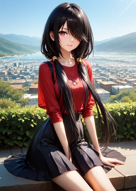 score_9, score_8_up, score_7_up, score_6_up, score_5_up, score_4_up, , scenery, masterpiece, best quality, very aesthetic,realistic,
, looking at viewer, , modeling,, <lora:Kurumi_Tokisaki:0.8> black hair, red eye, long hair, twintails, hair over one eye, yellow eye, heterochromia, clock eye, red shirt, plated skirt, black shirt, sitting