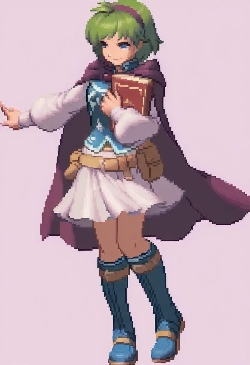masterpiece, best quality, solo, 1girl, smile, <lora:KOF-XIII-Sprites-illus_Fp:1>, simple background, pixel art, full body,  <lora:nino-fe-richy-v1_ixl:1>, nin0d, blue eyes, green hair, short hair, antenna hair, purple hairband, blue shirt, purple cloak, long sleeves, white sleeves, white skirt, brown belt, belt pouch, blue knee boots, holding book, v