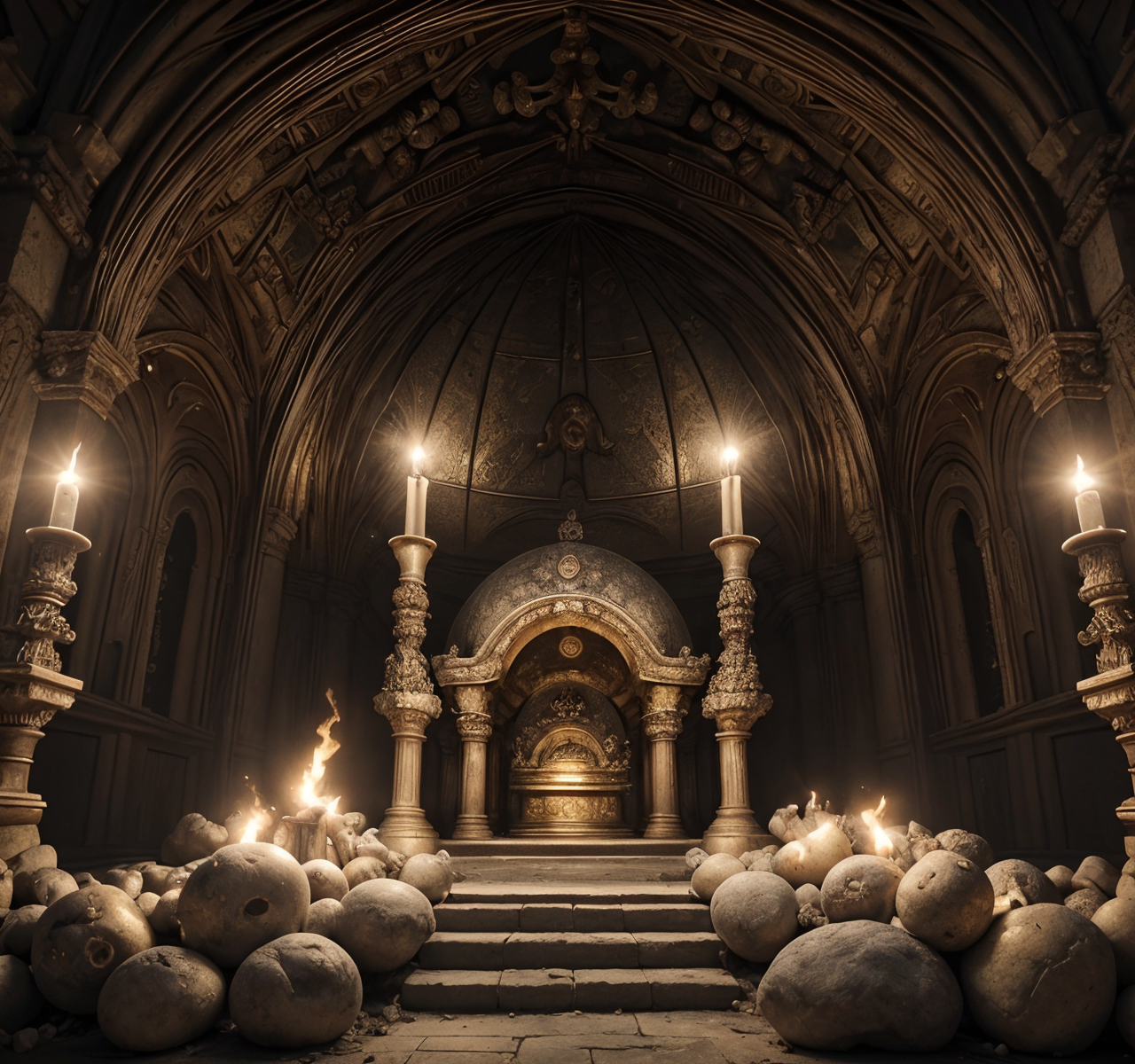 RAW photo, (masterpiece:1.3), subsurface scattering, heavy shadow, (high quality:1.4), (intricate, high detail:1.2), professional photography, HDR, High Dynamic Range, realistic, ultra realistic, photorealistic, high resolution, film photography, ambient lighting, atmospheric effects, <lora:detail_slider_v4:2>, OverallDetail, a huge underground tomb, pillard, braziers, torches, skeletons
