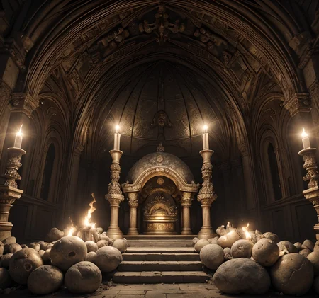 RAW photo, (masterpiece:1.3), subsurface scattering, heavy shadow, (high quality:1.4), (intricate, high detail:1.2), professional photography, HDR, High Dynamic Range, realistic, ultra realistic, photorealistic, high resolution, film photography, ambient lighting, atmospheric effects, <lora:detail_slider_v4:2>, OverallDetail, a huge underground tomb, pillard, braziers, torches, skeletons