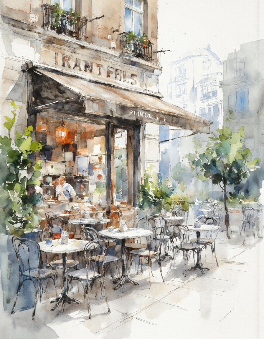 AquarelleIV. A watercolor painting of a cafe terrace.