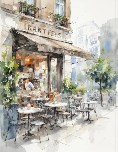 AquarelleIV. A watercolor painting of a cafe terrace.