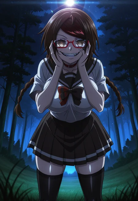 <lora:Sayu_Shinoyama_Illustrious:1>, Misaki Sakimiya, 1girl, solo, short hair, brown hair, twin braids, two-tone hair, red hair, streaked hair, brown eyes, swept bangs, large breast, school uniform, glasses, choker, black skirt, black thighhighs, hands on face, standing, crazy eyes, evil smile, looking at viewer
BREAK
outside, grass, forest, nighttime, medium close-up, frontal angle
BREAK
anime screencap, anime coloring, anime colored background, detailed background, shiny skin, shiny hair, red shine, absurdes, highres, masterpiece, best quality, official art, cel shaded, graphic illustration, digital painting, CGI, very detailed, amazing quality, intricate details, dynamic pose, HDR,UHD,8K, Fineline illustration, Highly detailed, ultra-fine painting, sharp focus, physically-based rendering, extreme detail description, Professional, Vivid Colors, Cinematic Lighting, lens flare, moody lighting, Tyndall effect, available light, Volumetric Lighting, rim light, <lora:add-detail-xl:1> <lora:DetailedEyes_V3:1> <lora:hand 5.5:1>