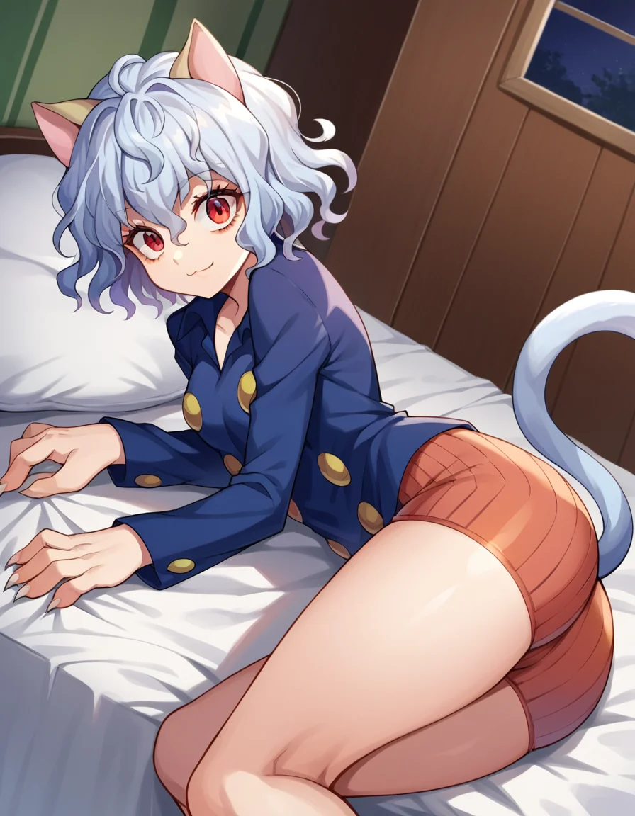 score_9, score_8_up, score_7_up, source_anime,
neferpitou, <lora:neferpitou-ponyxl-lora-nochekaiser:1>,
neferpitou, short hair, red eyes, animal ears, tail, white hair, cat ears, cat tail, curly hair, smile,
long sleeves, shorts,
indoors, bed, bed room, on side,
looking at viewer, dutch angle, cowboy shot,