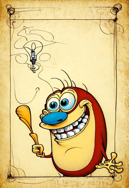 score_9, score_8_up, score_7_up, ((sharp focus)), solo, ((upper body)), ((intricate, detailed, sketch ink drawing of Stimpy by Da_Vinci)), expression, ((teeth)), ((happy)), ((index finger pointing)), ((4 fingers)), ((lightbulb above head)), ((eureka)), shadows, picture frame border, no humans,
By bad artist , easynegative