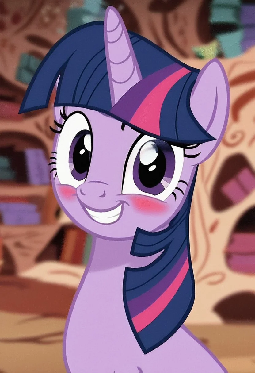 score_9, score_8_up, score_7_up, score_6_up, score_5_up, score_4_up, rating_safe, (masterpiece), (extremely intricate:1.3), (animated screencap), anime portrait of Twilight Sparkle, unicorn, female, mare, pony, solo, blushing, hopeful expressions, my little pony, show accurate, g4, detailed, beautiful, blurry background, indoors, golden oaks library, grin, closed mouth, looking at viewer, sincere, touching moment, emotional,