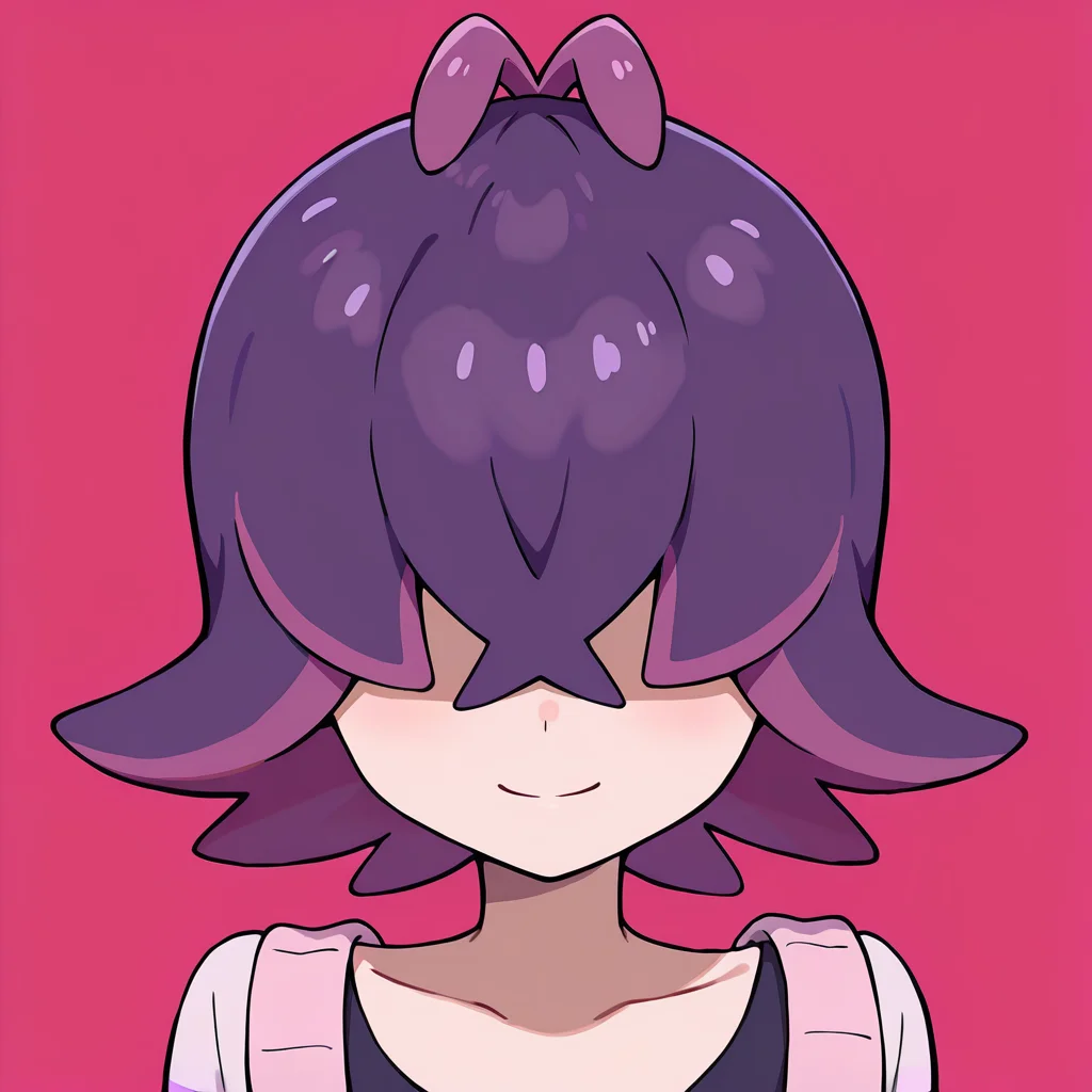 <lora:dotIL>,dot \(pokemon\),multicolored hair,purple hair,two-tone hair,upper body,simple background,looking at viewer,covered eyes,