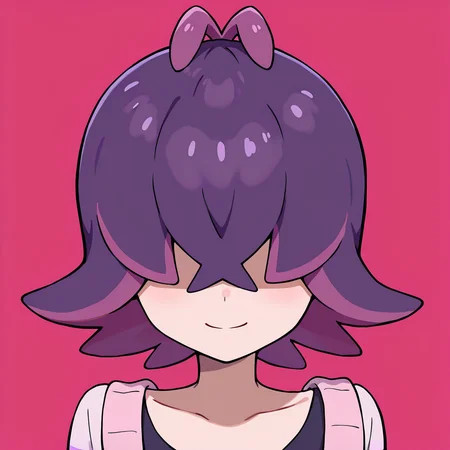 <lora:dotIL>,dot \(pokemon\),multicolored hair,purple hair,two-tone hair,upper body,simple background,looking at viewer,covered eyes,