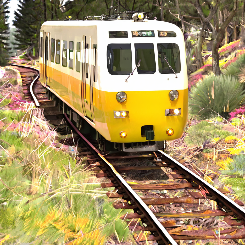 highres, best quality, masterpiece, very aesthetic, newest,anireal, <lora:AnirealIllus:1>, a train with googly eyes on train tracks going through a forest,vehicle focus,no humans