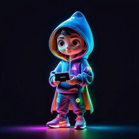 Pixar colorful mascot, of a digital dealer, fullbody, cape open, face in shadow matrix, holding game console, wearing sneakers and hoodie, neon colors, distinctly dark background, by (alena aenami and rutkowski:1.36)