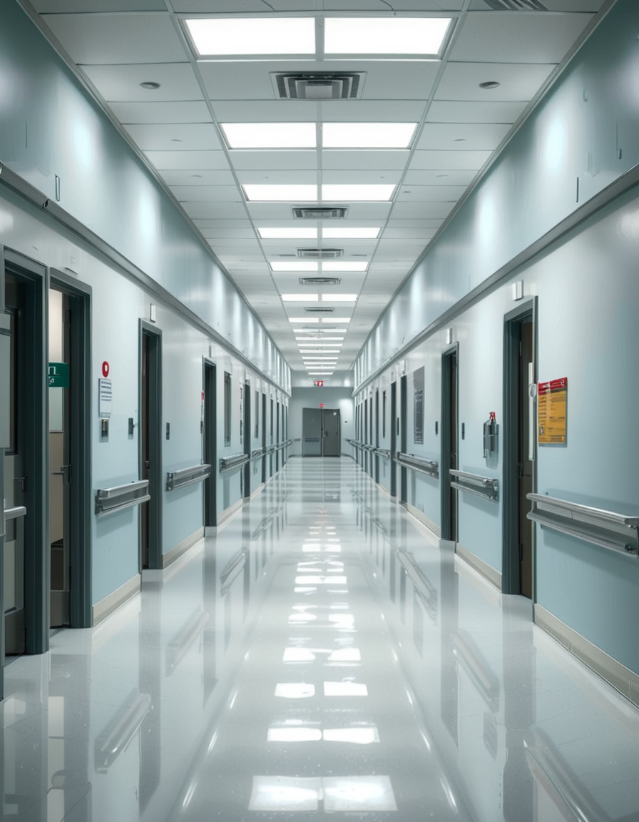 A long, sterile hospital corridor with bright white walls and a polished, reflective floor. The fluorescent ceiling lights cast a cold, clinical glow, emphasizing the cleanliness of the space. The hallway is lined with closed patient rooms, each marked with a small number plate. Stainless steel handrails run along the walls, and a few medical carts are neatly parked near the side. The corridor appears empty, creating a sense of stillness and anticipation. At the far end, a set of double doors with small glass windows leads to another section of the hospital. The atmosphere is quiet, professional, and highly sanitized, evoking a sense of order and precision.
<lora:SDXLFaeTastic2400:0.4> <lora:extremely_detailed:0.4> extremely detailed, <lora:sterile_hospital_c0rr1d0r:1>,sterile hospital c0rr1d0r, Masterpiece,best quality,hi res,8k,hi res,8k,award winning,(sharp focus, intricate, highly detailed),