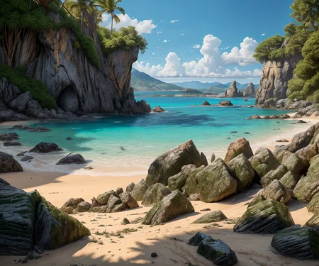 RAW photo, (masterpiece:1.3), subsurface scattering, heavy shadow, (high quality:1.4), (intricate, high detail:1.2), professional photography, HDR, High Dynamic Range, realistic, ultra realistic, photorealistic, high resolution, film photography, ambient lighting, atmospheric effects, <lora:detail_slider_v4:2>, OverallDetail, <lora:Beach:0.9>, beach, blue sky, cloud, island, rocks, boat, nature, ocean, outdoors, scenery, sky, sun,